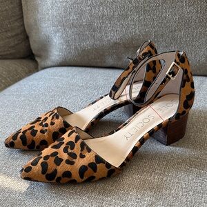 Sole Society Leopard Print Calf Hair Block Heel Pumps Size 8.5 Ankle Strap